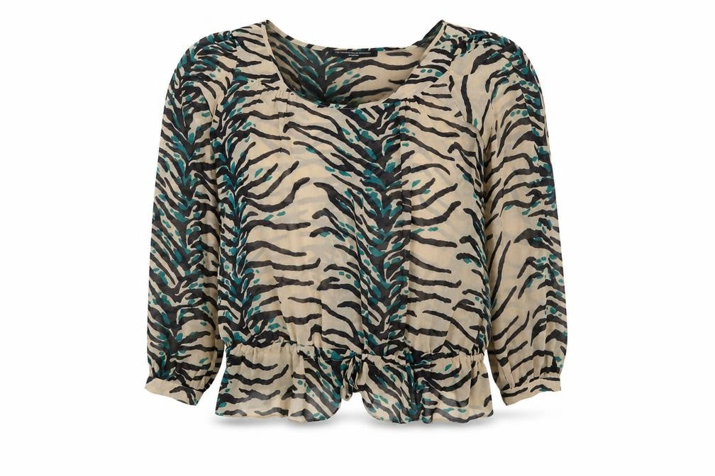 Front view of Preworn women’s beige animal print basic blouse, size UK 14