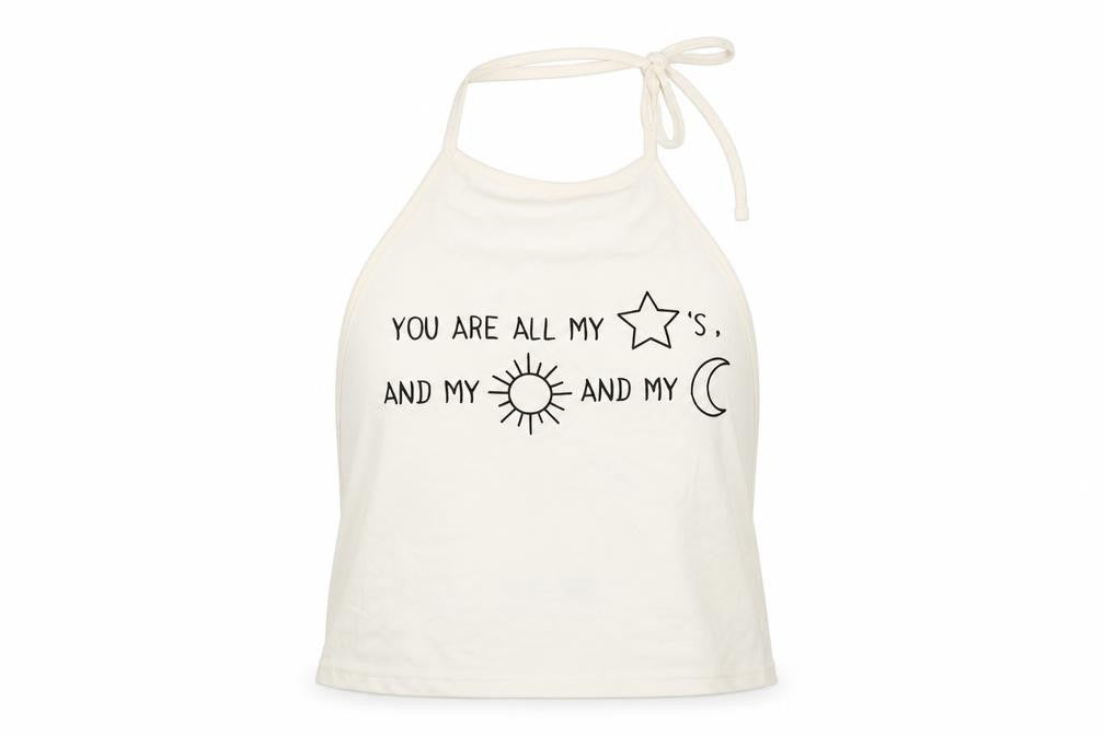 Front view of Boohoo women’s beige cropped blouse, size UK 10, - you are all my stars, and my sun and my moon