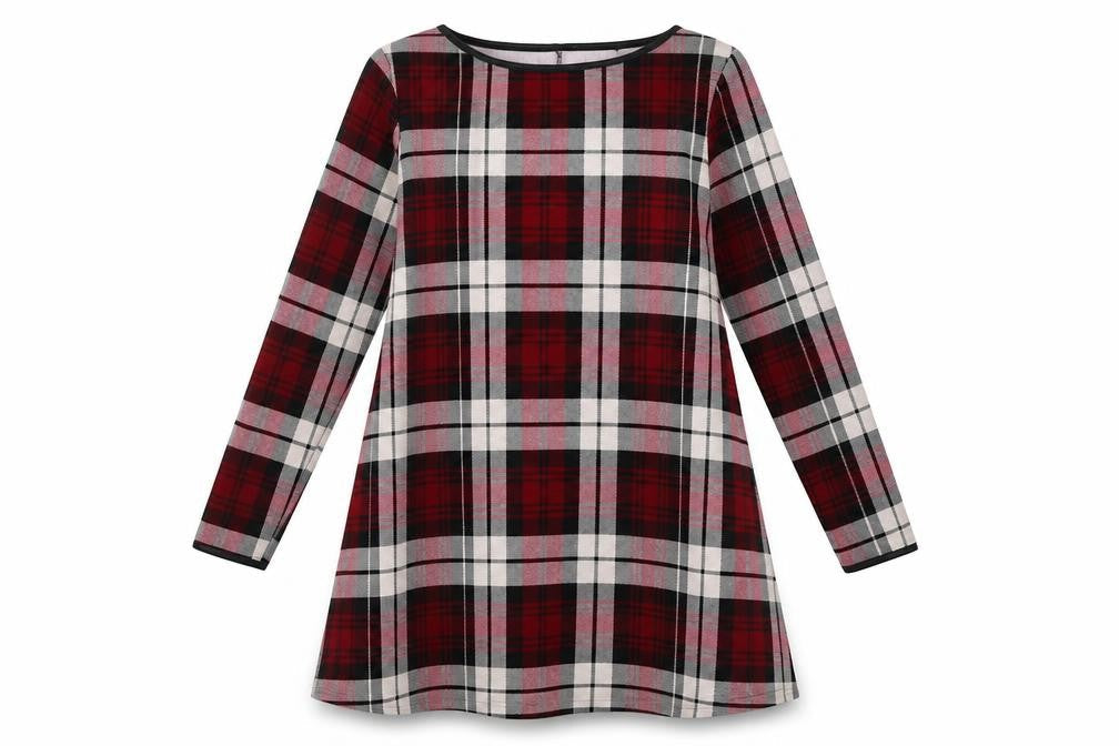 Front view of women’s red check shift, size UK 8