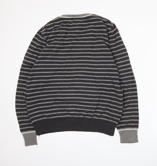 Hitch Hikers Mens Grey Striped Knit Pullover Jumper Size L