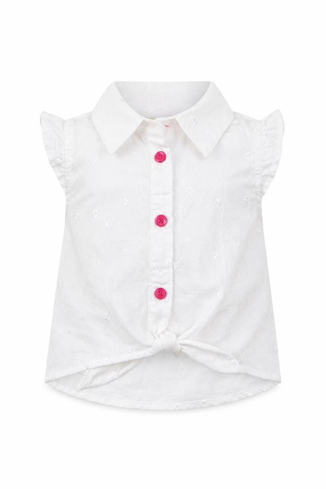 Front view of Penelope Mack girls’ white floral woven basic button-up, size 2, years
