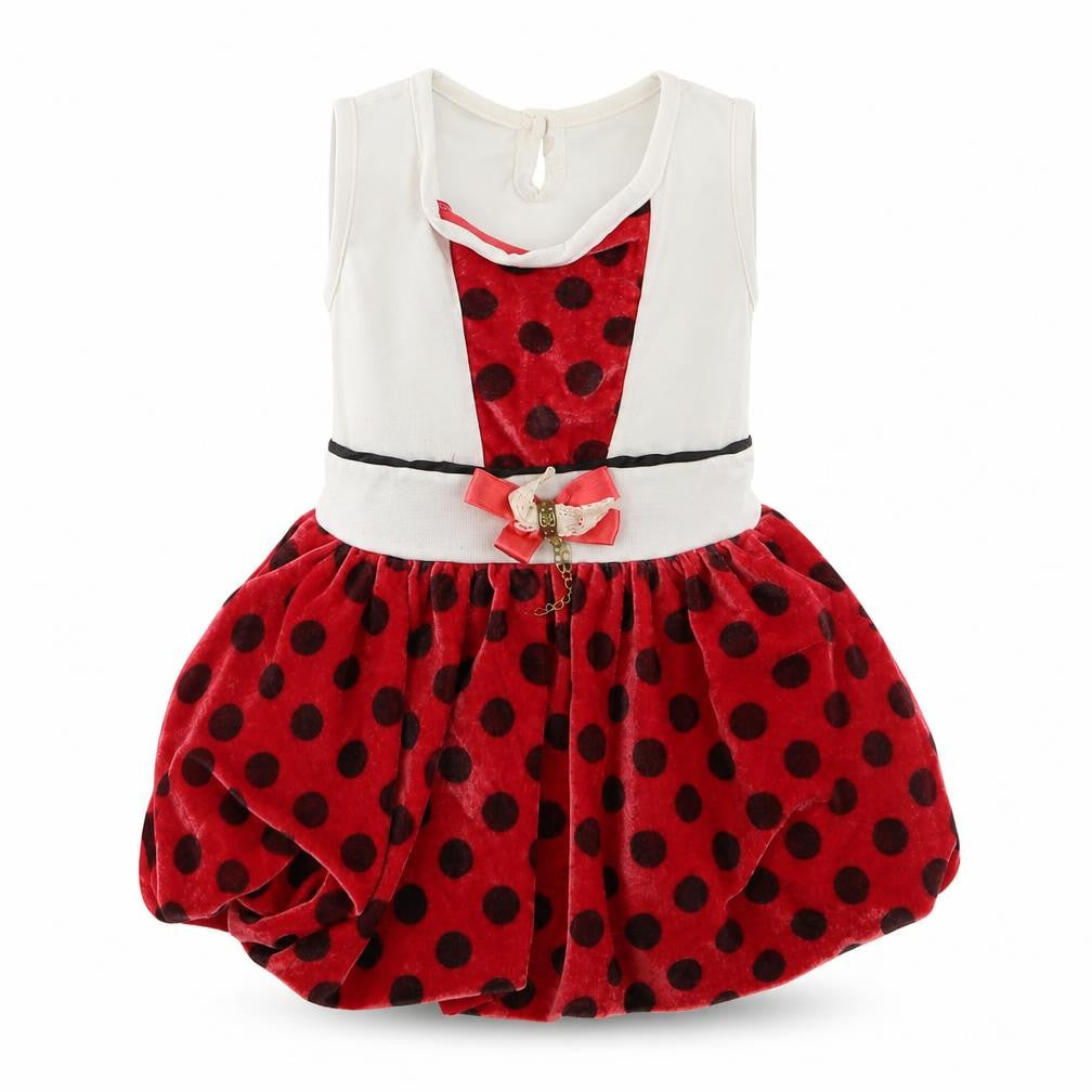 Front view of Seram girls’ red polka dot velour skater dress, size 18-24, months