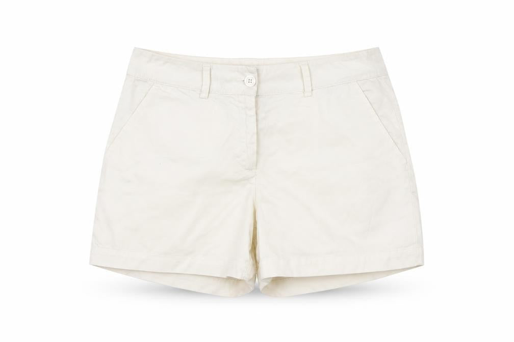 Front view of United Colors of Benetton women’s white hot pants shorts, size UK 32, in