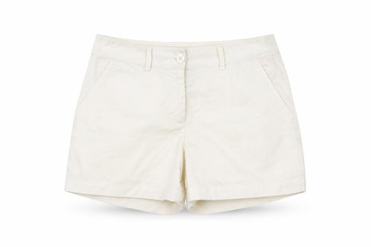 Front view of United Colors of Benetton women’s white hot pants shorts, size UK 32, in