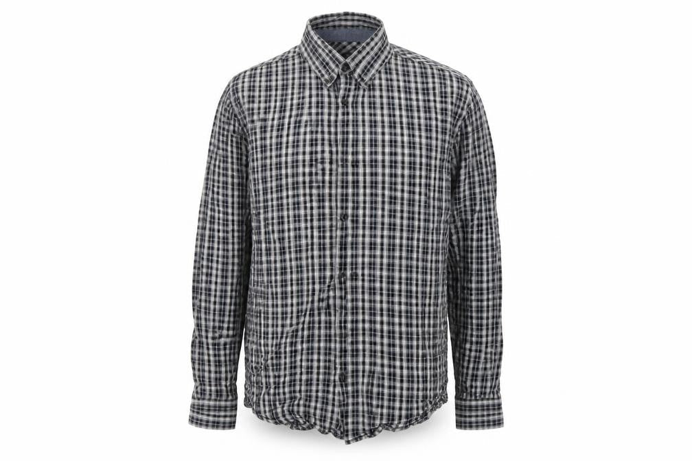Front view of Easy men’s black check button-up, size L