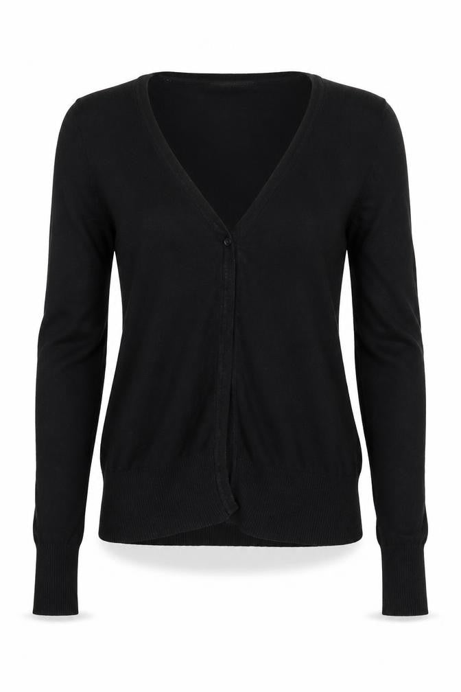 Front view of Sutherland women’s black cardigan jumper, size S