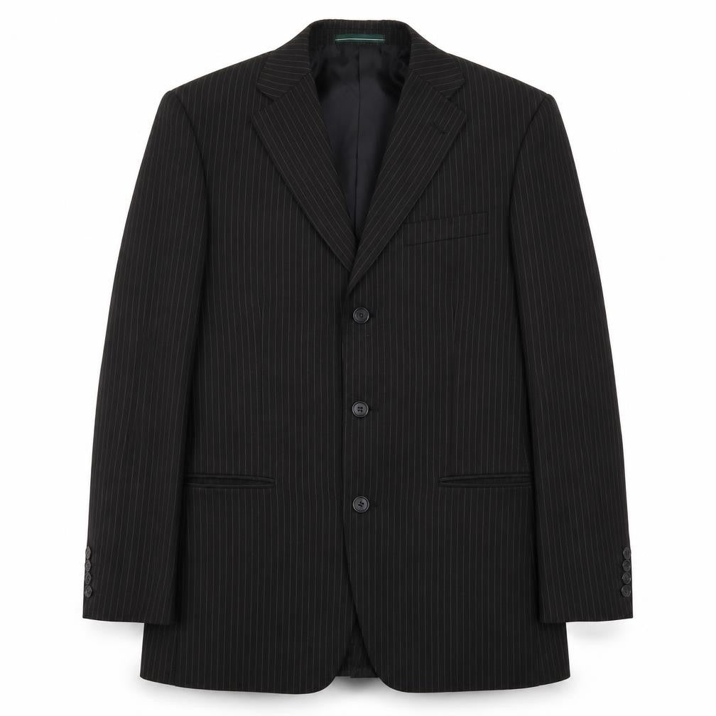 Front view of Greenwoods men’s black striped jacket suit jacket, size 38