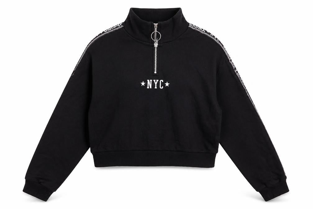 Front view of H&M women’s black pullover sweatshirt, size XS, - nyc