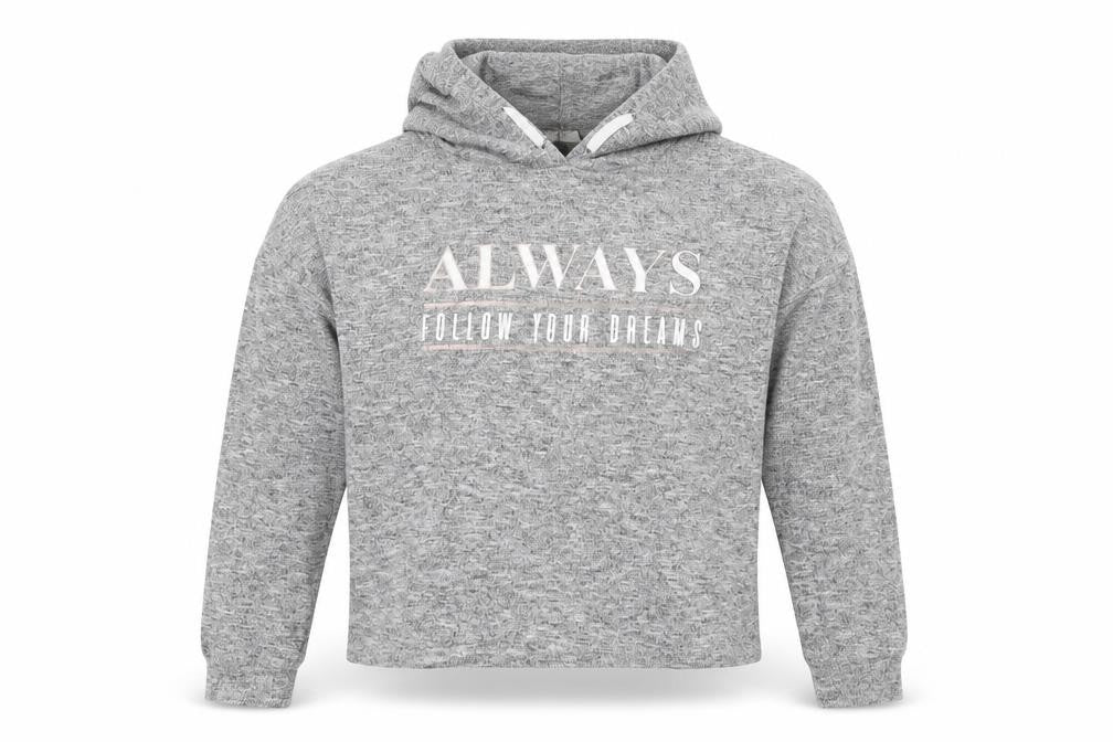 Front view of E-vie girls’ grey jersey pullover hoodie, size 11-12, years