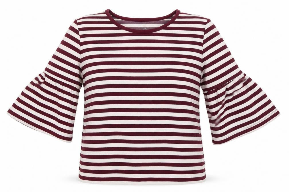 Front view of Gap women’s red striped jumper, size XS, - frill sleeve