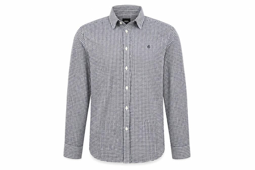 Front view of Burton men’s black check button-up, size L