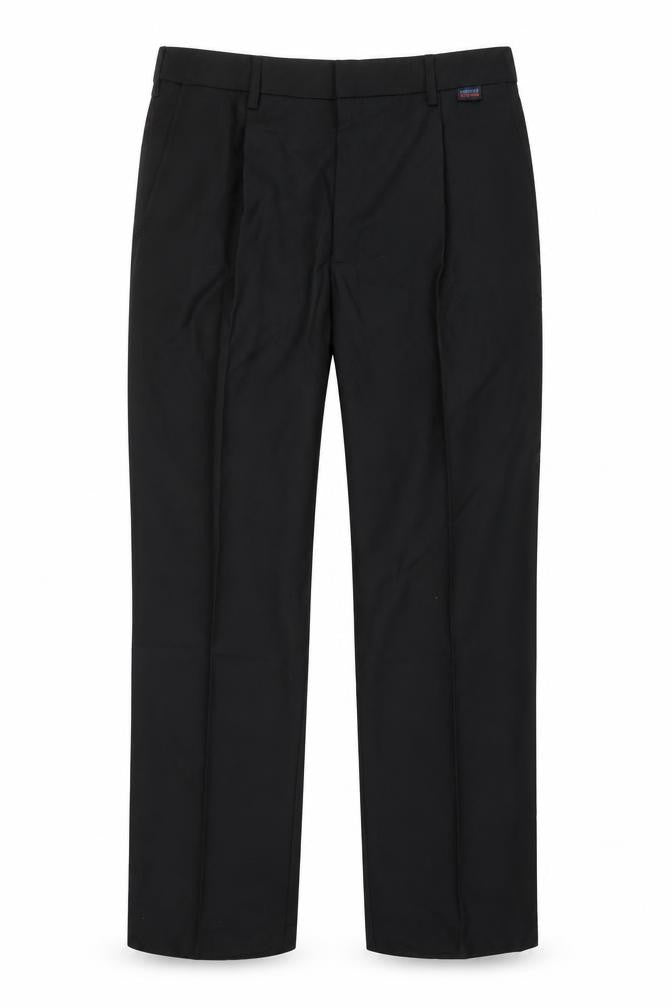 Front view of Dimensions men’s black trousers, size 32, in, 28-inch leg