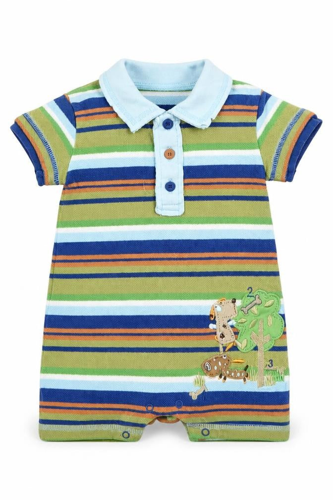 Front view of Mini Mode Multicoloured Striped Babygrow One-Piece, size 0-3, Months