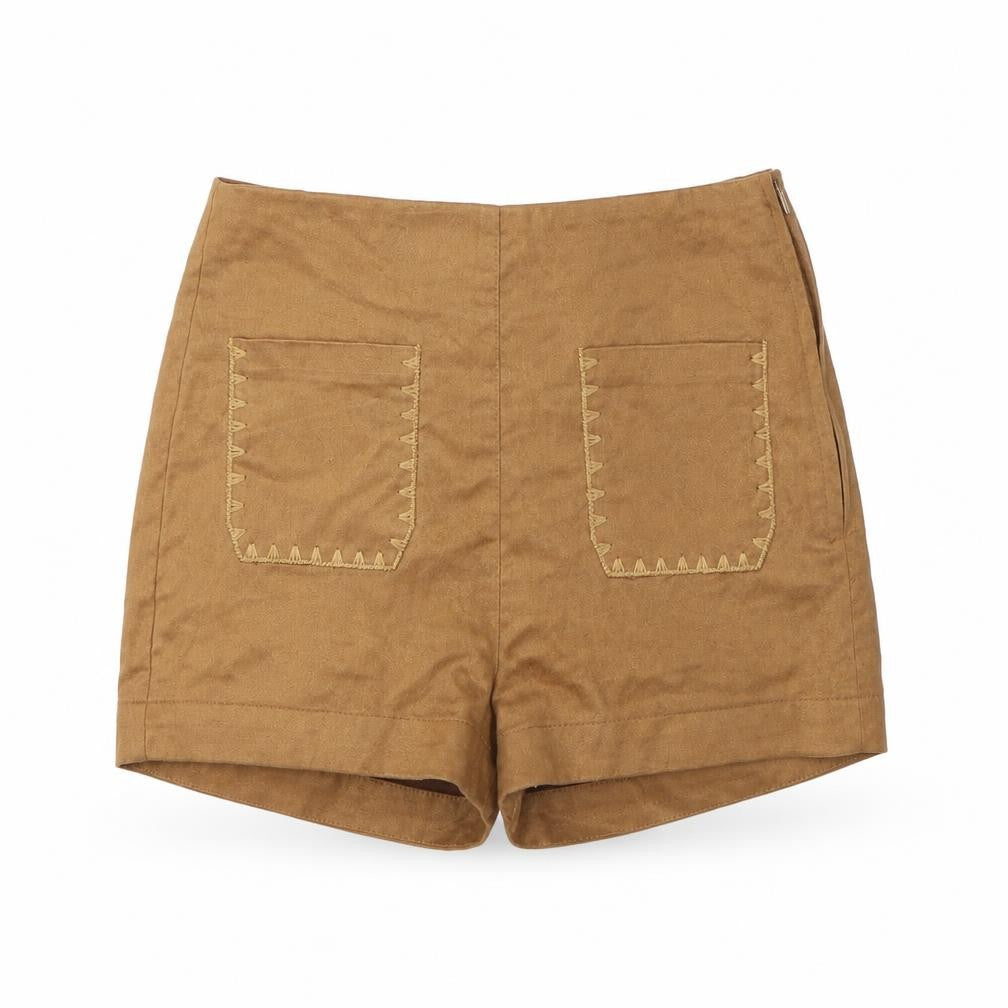 Front view of H&M women’s beige cut-off shorts, size UK 6