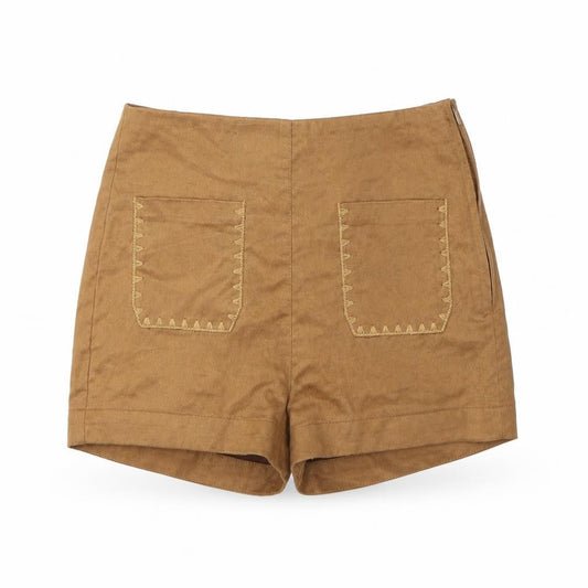 Front view of H&M women’s beige cut-off shorts, size UK 6