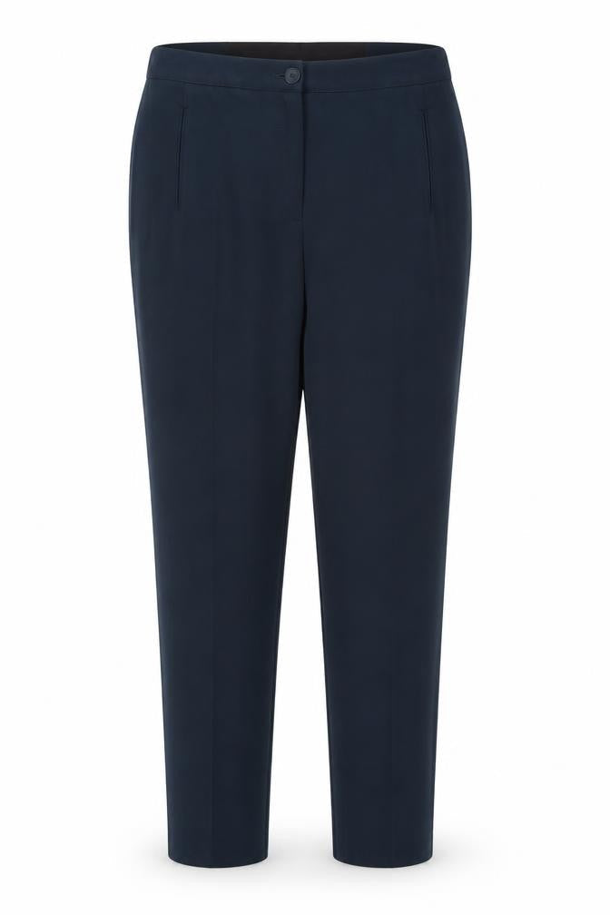 Front view of Preworn women’s blue rayon trousers, size UK 38, in, 28-inch leg