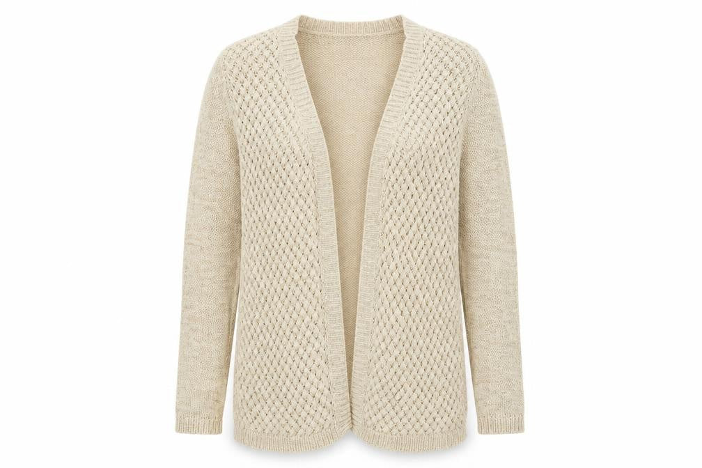 Front view of LUXE women’s blue knit cardigan jumper, size L