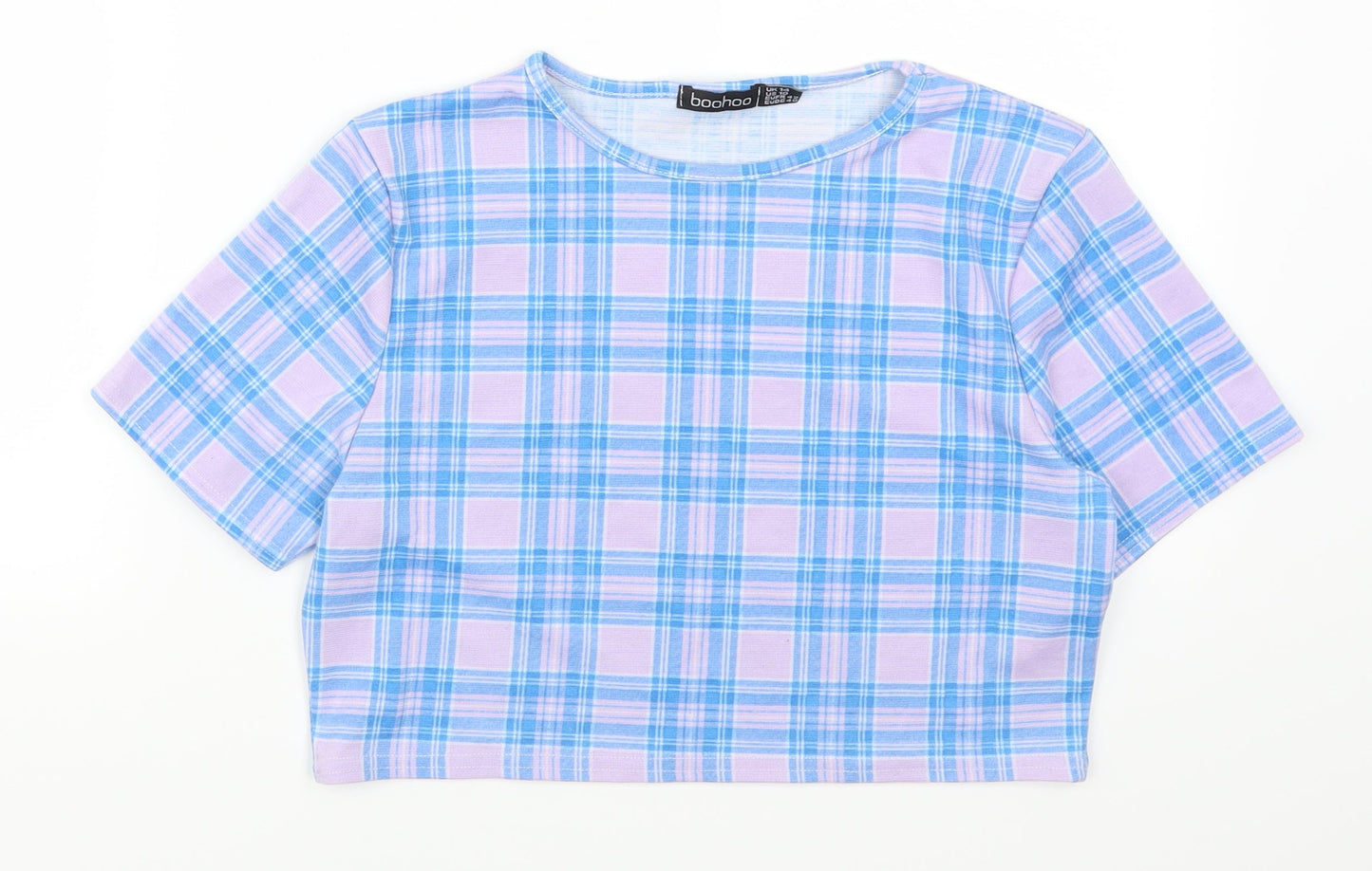Boohoo Womens Purple Check  Cropped T-Shirt Size 14