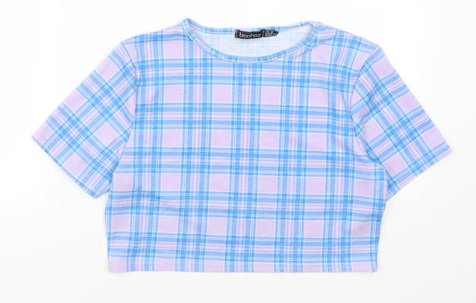 Boohoo Womens Purple Check  Cropped T-Shirt Size 14