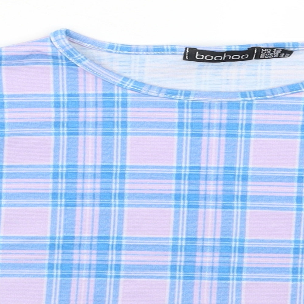 Boohoo Womens Purple Check  Cropped T-Shirt Size 14