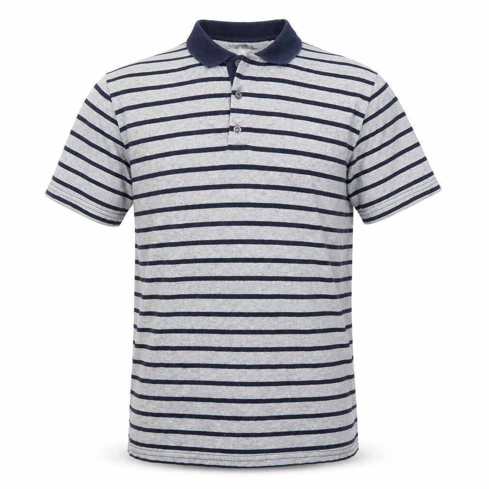 Front view of Cedarwood State men’s grey striped polo, size M