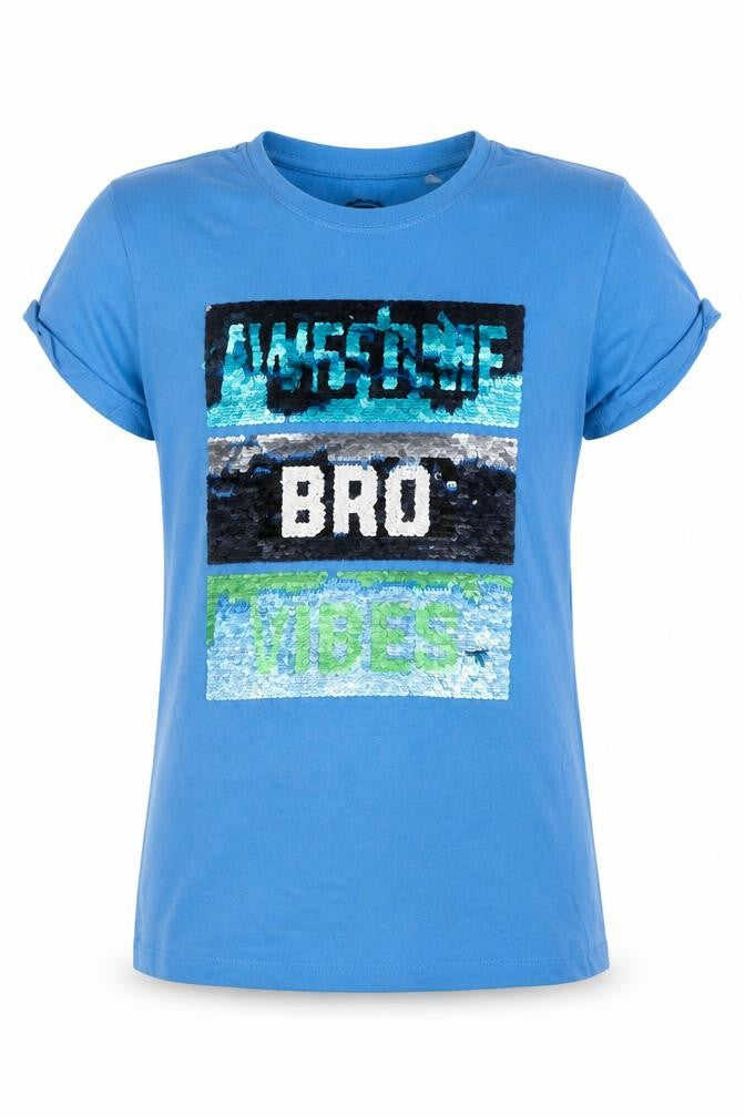 Front view of Blue Zoo girls’ blue basic t-shirt, size 13-14, years