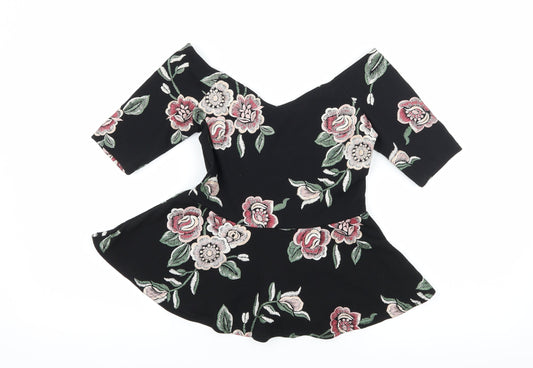 New Look Womens Black Floral Jersey Basic Blouse Size 8