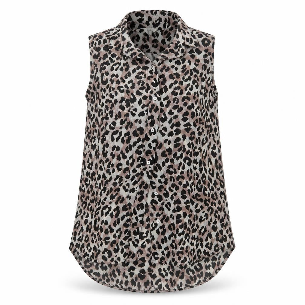 Front view of H&M women’s brown animal print chiffon basic blouse, size UK 8