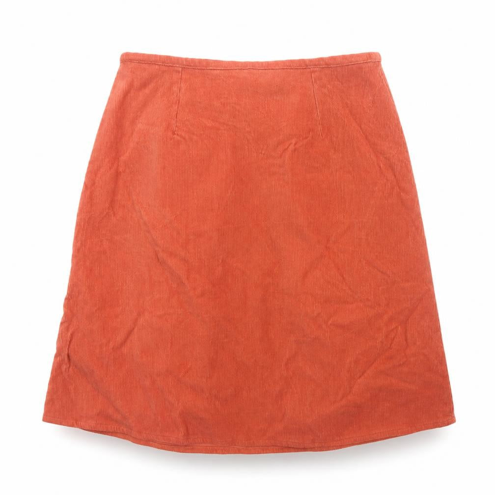 Front view of Preworn women’s beige corduroy a-line skirt, size UK 12