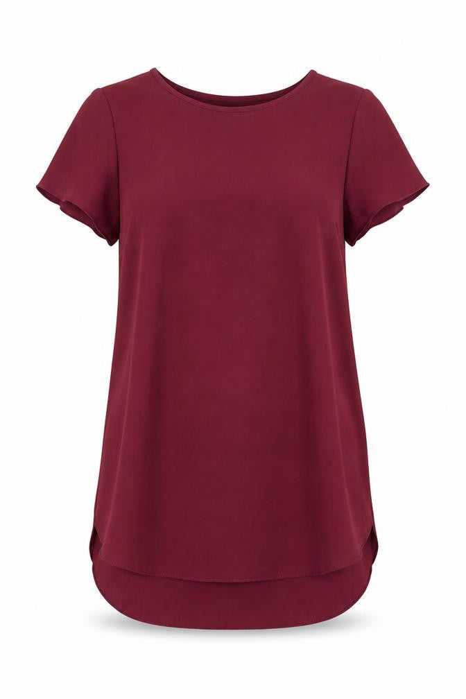 Front view of New Look women’s red tunic blouse, size UK 6