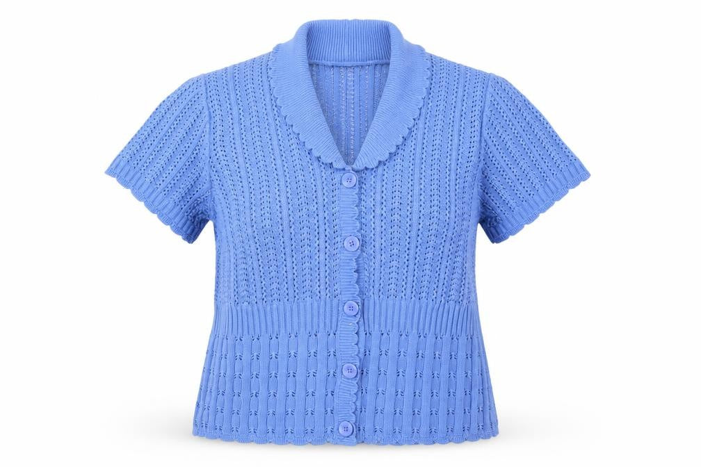 Front view of Gifford Fox women’s blue knit cape jumper, size UK 18