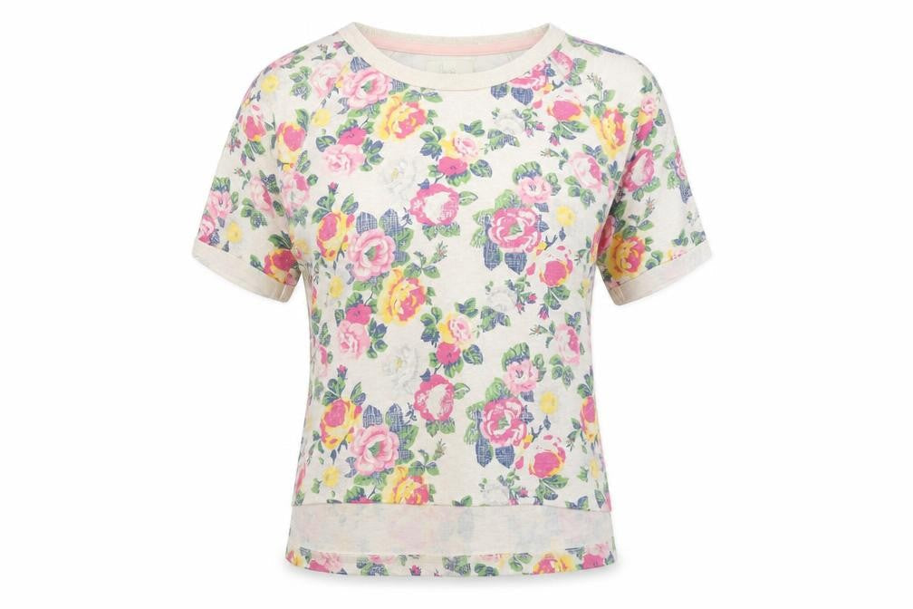 Front view of Love To Lounge women’s beige floral jersey top pyjama top, size XS