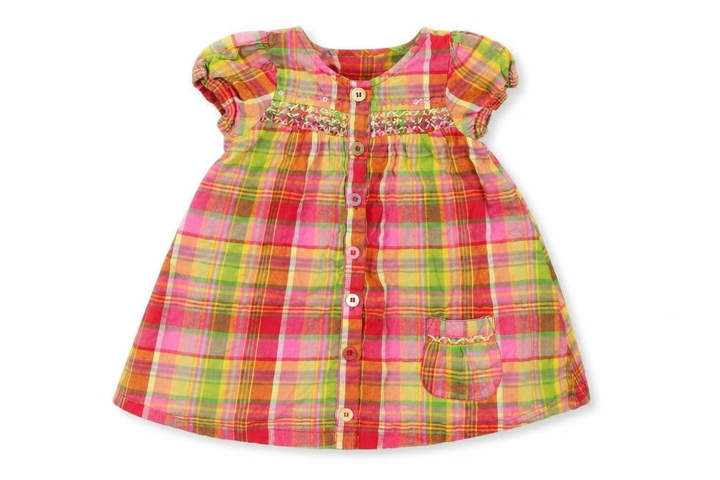 Front view of Next girls’ pink check shirt dress, size 6-9, months