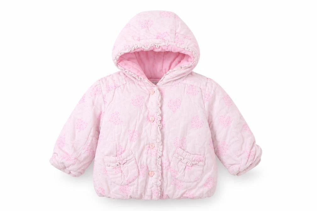 Front view of Pitter Patter girls’ pink jacket, size 6-9, months - love heart print
