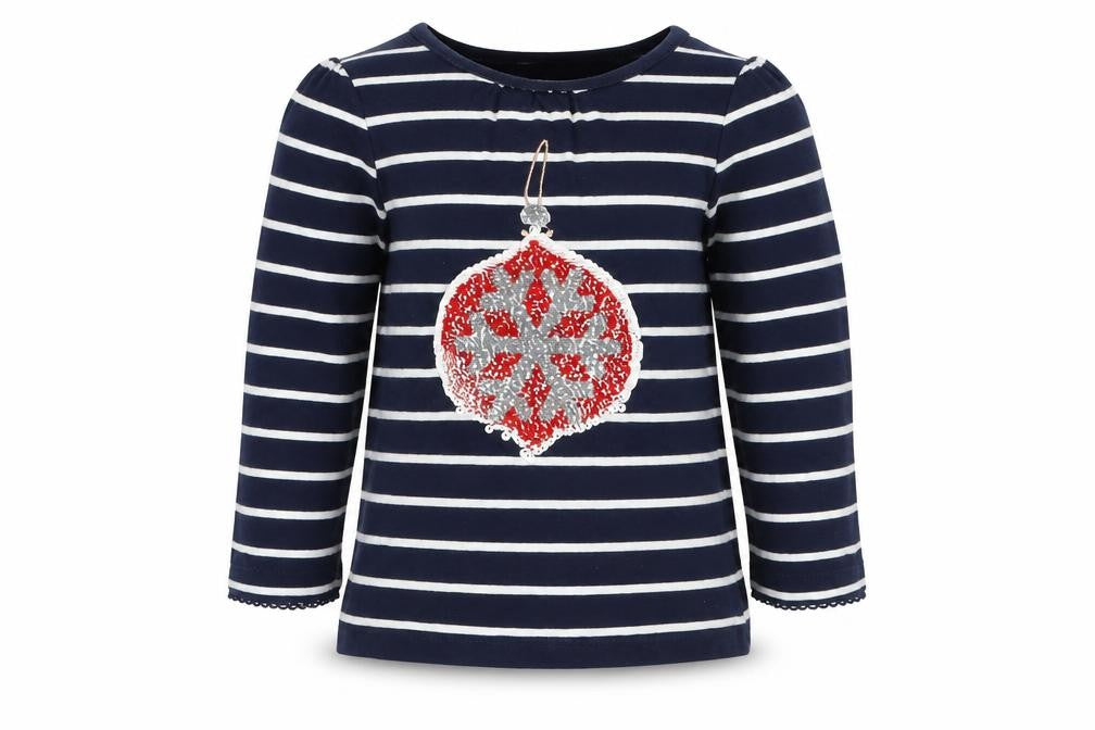 Front view of Topolino girls’ blue spotted basic t-shirt, size 3, years - christmas bauble