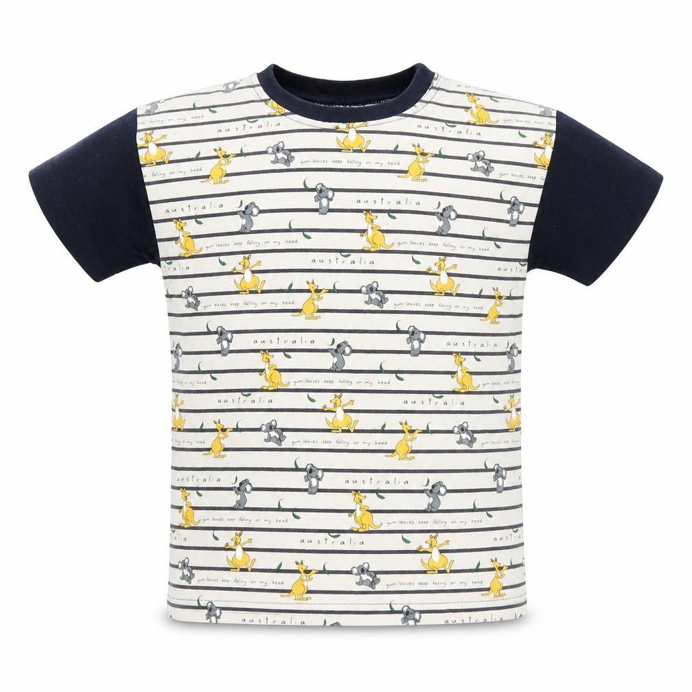 Front view of Australian Grown boys’ blue striped basic t-shirt, size 6, years