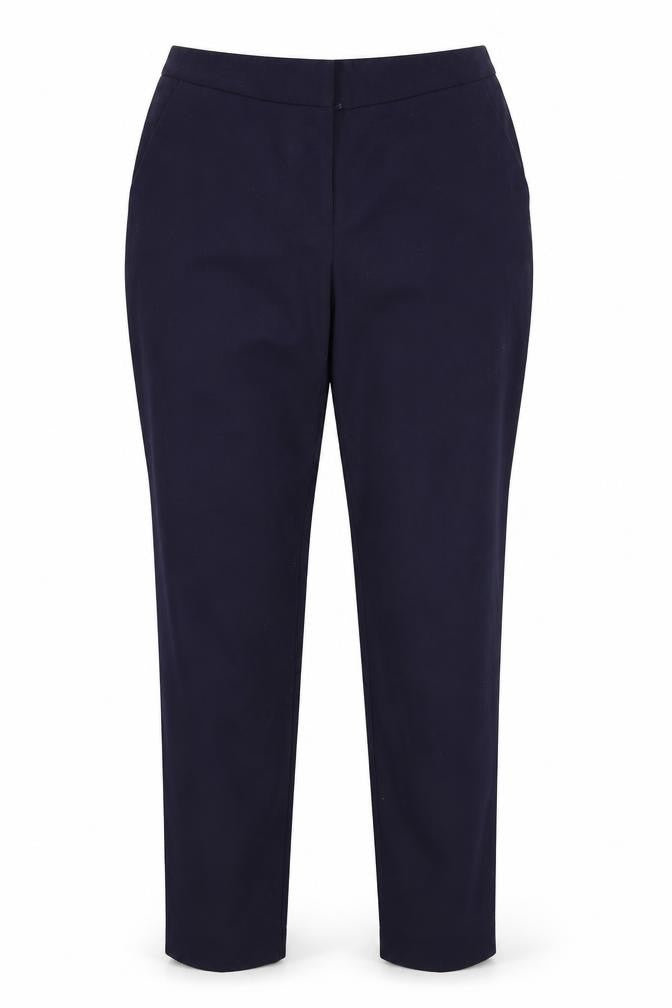 Front view of H&M women’s blue trousers, size UK 12, 27-inch leg