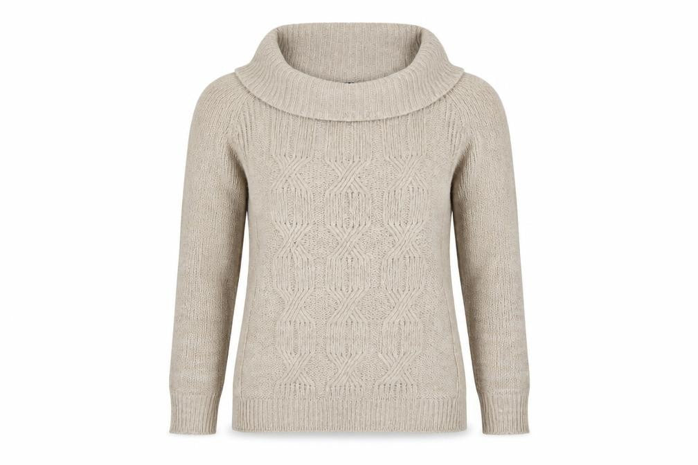 Front view of Pura Moda women’s beige jumper, size L