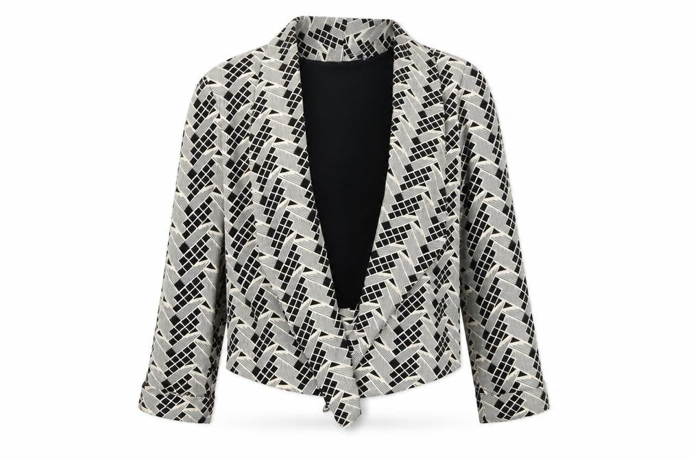 Front view of Preworn women’s beige geometric jacket blazer, size UK 10
