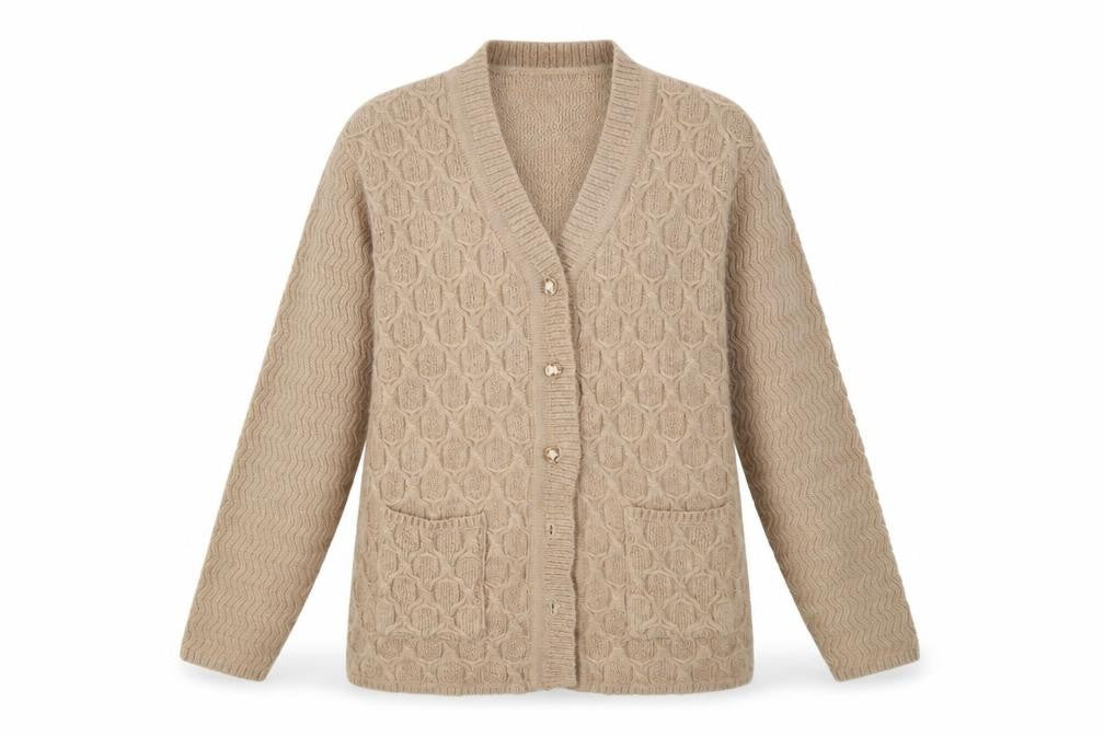 Front view of love live women’s brown knit cardigan jumper, size XL