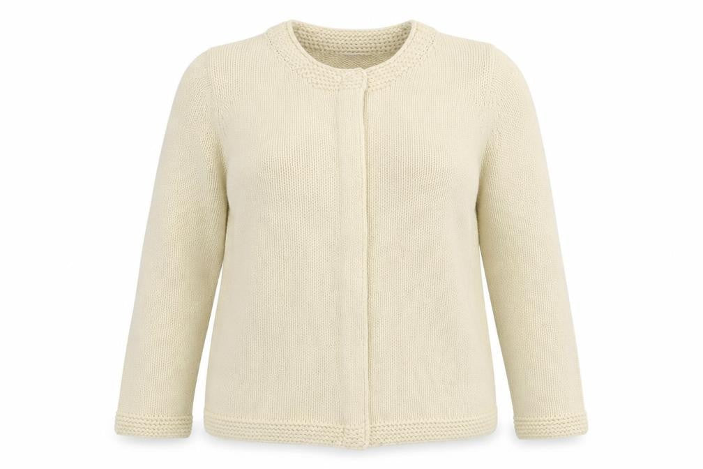 Front view of Preworn women’s white knit cardigan jumper, size UK 14