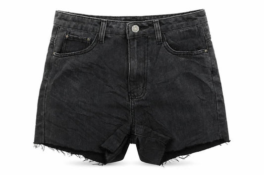 Front view of Momokrom women’s grey denim hot pants shorts, size UK 8