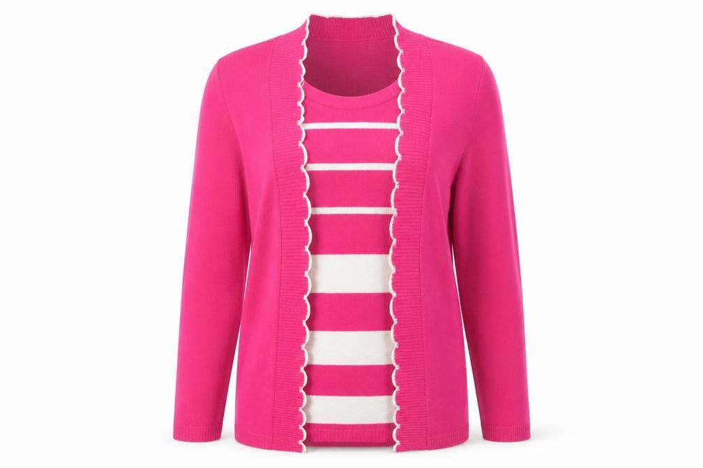 Front view of Classics women’s pink striped cardigan jumper, size M
