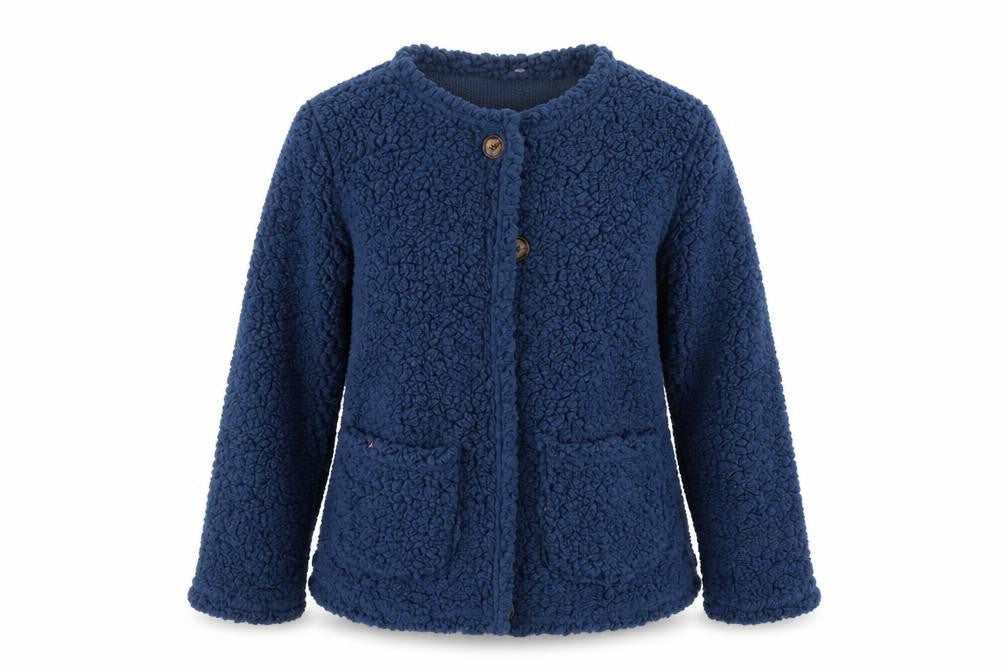 Front view of Preworn women’s blue cardigan jumper, size L