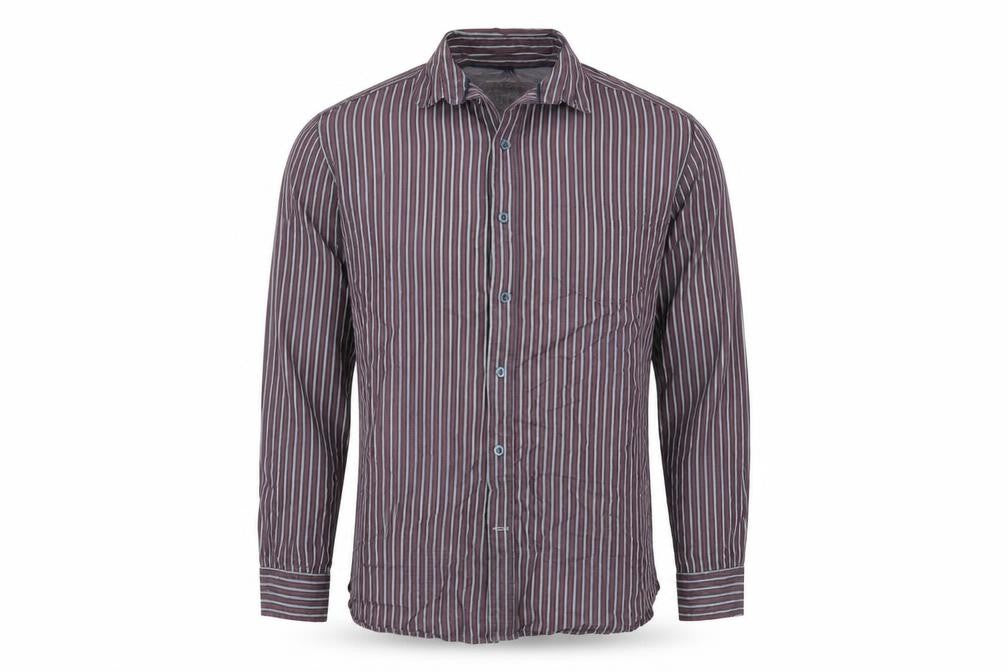 Front view of Boston crew men’s multicoloured striped button-up, size L