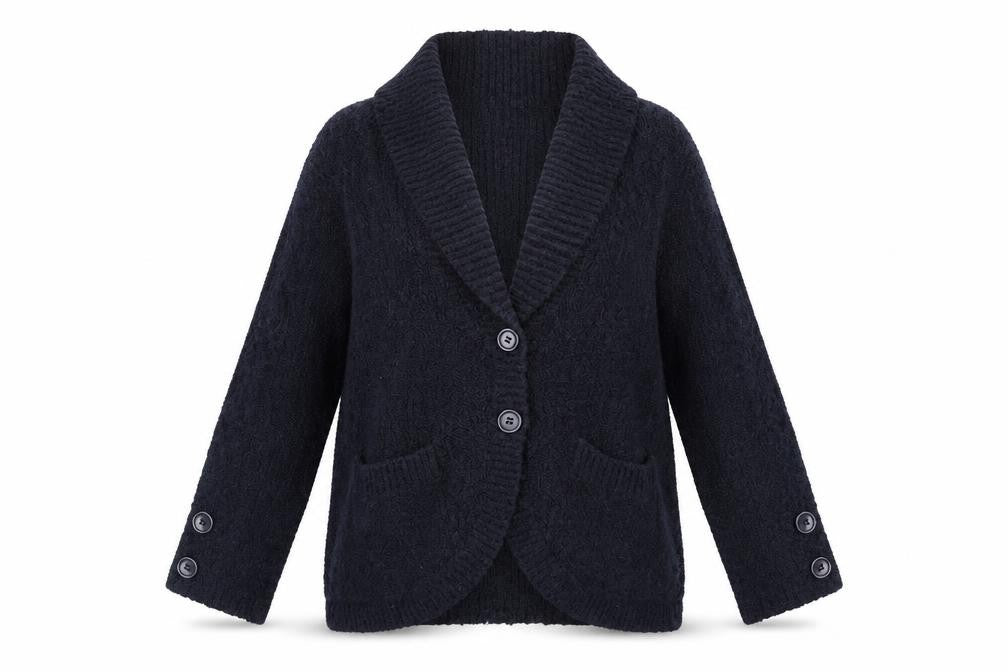 Front view of ECI women’s blue houndstooth cardigan jumper, size UK 14