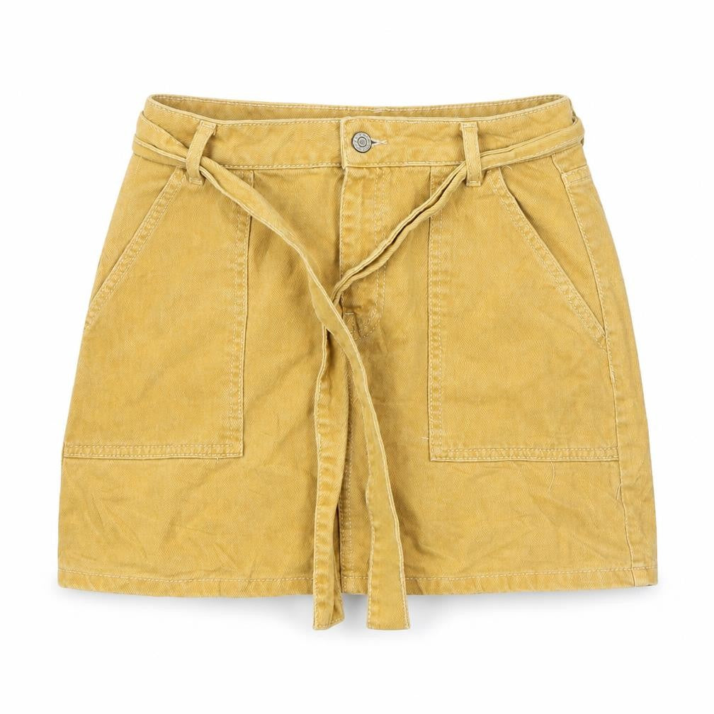Front view of denim co women’s yellow mini skirt, size UK 8