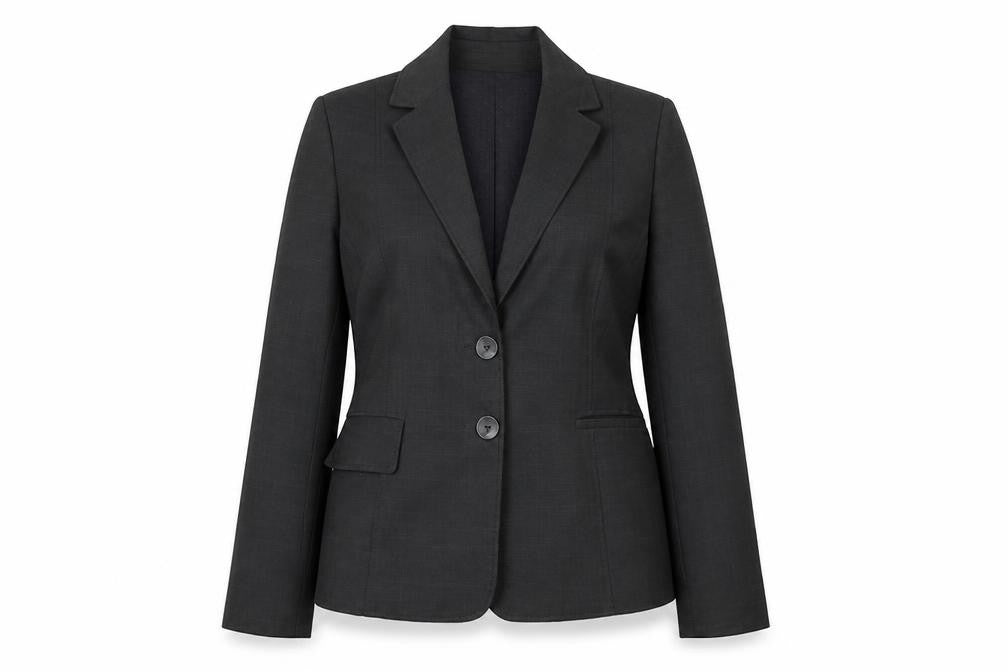 Front view of Autonomy women’s grey check rayon jacket suit jacket, size UK 14