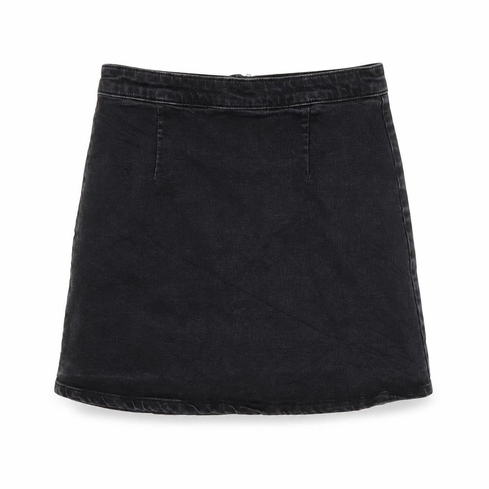 Front view of ASOS women’s grey denim a-line skirt, size UK 10