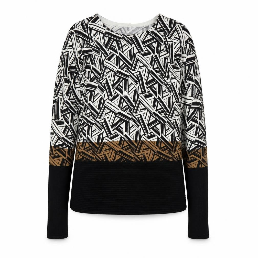 Front view of Preworn women’s black geometric jumper, size UK 8